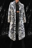 White Brown Faux Fox Fur Casual Leopard Cardigan Lapel Turndown Collar Fall Winter Long Outerwear Coats