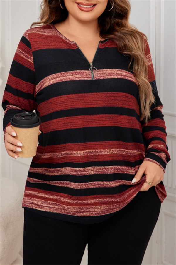 Brick Red V Neck Long Sleeve Striped Shirt Plue Size Blouse Women Fall Winter Pullover Top