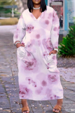 Pink Purple Floral Print V Neck Long Sleeve Ankle Length Straight Loose Maxi Dress with Pocket
