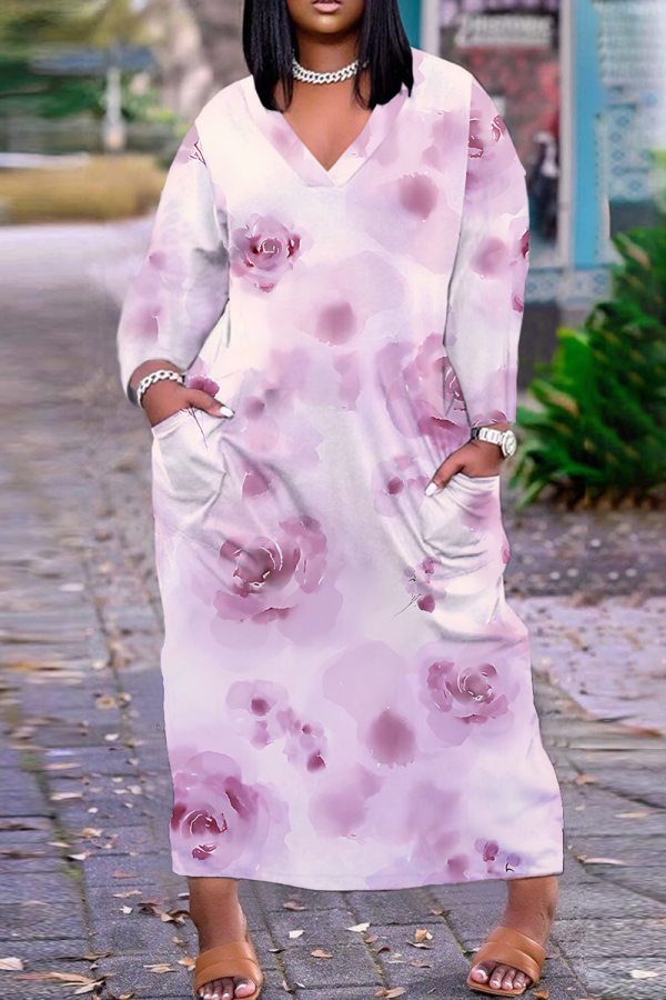 Pink Purple Floral Print V Neck Long Sleeve Ankle Length Straight Loose Maxi Dress with Pocket