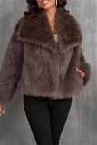 Apricot Faux Fur Casual Solid Color Cardigan Turndown Collar Winter Coats