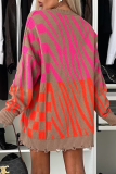 Rose Red Loose Casual Stripe Irregular Weave Contrast Round Neck Long Sleeve Fall Winter Long Sweater Tops
