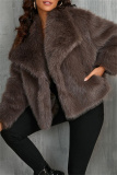 Apricot Faux Fur Casual Solid Color Cardigan Turndown Collar Winter Coats