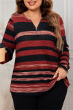 Brick Red V Neck Long Sleeve Striped Shirt Plue Size Blouse Women Fall Winter Pullover Top