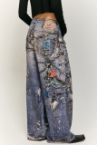 Multicolor Casual Print Patchwork Keychain Decor Mid Waist Straight Leg Denim Jeans