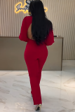 Red Backless Deep V Neck Long Lantern Sleeve Tapered Leg Jumpsuits