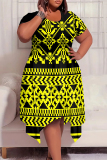 Black National Totem Print O Neck Short Sleeve Pocket Irregular Hem Plus Size Straight Loose Midi Dress