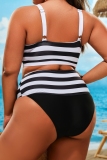 Black Sleeveless Backless Striped Cami Crop Top and Shorts Vacation Beach Spaghetti Strap Plus Size Swimwear