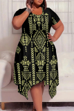 Black National Totem Print O Neck Short Sleeve Pocket Irregular Hem Plus Size Straight Loose Midi Dress