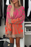 Rose Red Loose Casual Stripe Irregular Weave Contrast Round Neck Long Sleeve Fall Winter Long Sweater Tops