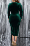 Dark Green V Neck Long Sleeve Formal Evening Party Ruched Bodycon Shinny Velvet Maxi Dress