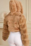Camel Casual Faux Fur Cardigan Hooded Long Sleeve Fall Winter Short Outerwear Coats