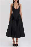 Black Sleeveless Backless Lace Up Pleated Hem Casual Outing Vacation Birthday Party Halter Maxi Dress