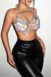 Silver Bodycon Sexy Nightclub Lace up Party Hot Chains Backless Halter Bikini Cami Tops