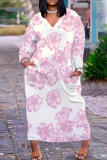 Pink Purple Floral Print V Neck Long Sleeve Ankle Length Straight Loose Maxi Dress with Pocket