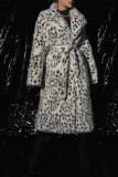 White Brown Faux Fox Fur Casual Leopard Cardigan Lapel Turndown Collar Fall Winter Long Outerwear Coats