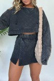 Light Blue Casual Hooded Long Sleeve Sweatshirt and Slit Skirts Two Pieces Dress Sets