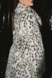White Brown Faux Fox Fur Casual Leopard Cardigan Lapel Turndown Collar Fall Winter Long Outerwear Coats