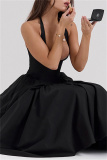 Black Sleeveless Backless Lace Up Pleated Hem Casual Outing Vacation Birthday Party Halter Maxi Dress