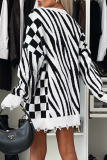Rose Red Loose Casual Stripe Irregular Weave Contrast Round Neck Long Sleeve Fall Winter Long Sweater Tops