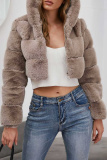 Camel Casual Faux Fur Cardigan Hooded Long Sleeve Fall Winter Short Outerwear Coats