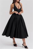 Black Sleeveless Backless Lace Up Pleated Hem Casual Outing Vacation Birthday Party Halter Maxi Dress