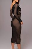 Black Oblique Collar Long Sleeve Night Out Clubwear Ruched Bodycon Sheer Mesh Maxi Dress