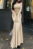 Khaki O Neck Flare Sleeve Floor Length Pleated Hem Formal Holiday Party Bodycon Ribbed Maxi Dress