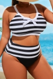 Black Sleeveless Backless Striped Cami Crop Top and Shorts Vacation Beach Spaghetti Strap Plus Size Swimwear