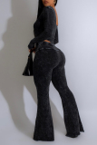 Dark Brown Skinny Sportwear Casual Draw String U Neck Long Sleeve Tops and Flare Leg Pants Two Pieces Sets