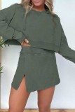 Light Blue Casual Hooded Long Sleeve Sweatshirt and Slit Skirts Two Pieces Dress Sets