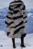 Faux Fur Casual Tiger Stripes Cardigan Turndown Collar Long Sleeve Fall Winter Long Cardigan Coats Outerwear