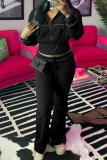 Black Waffle Casual Draw String Zipper Collar Long Sleeve Jacket and Flare Leg Sweatpants Two Pieces Sweatsuits Sets