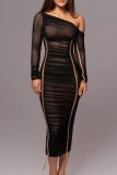 Black Oblique Collar Long Sleeve Night Out Clubwear Ruched Bodycon Sheer Mesh Maxi Dress