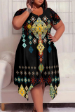 Black National Totem Print O Neck Short Sleeve Pocket Irregular Hem Plus Size Straight Loose Midi Dress