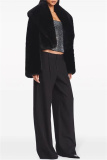 Black Faux Fur Casual Cardigan Lapel Turndown Collar Long Sleeve Fall Winter Short Coats Outerwear