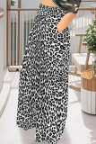 Brown Casual Houndstooth Leopard Print Flowers Stripe Pocket Contrast Loose High Waist Wide Leg Bottoms Pants