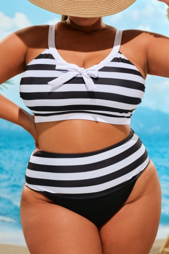 Black Sleeveless Backless Striped Cami Crop Top and Shorts Vacation Beach Spaghetti Strap Plus Size Swimwear