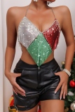 Multicolor Sexy Christmas Party Nightclub Hot Sequined Chains Backless Contrast Halter Cami Tops