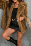 White Faux Fur Casual Pocket Cardigan Turndown Collar Long Sleeve Fall Winter Outerwear Coats