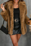 White Faux Fur Casual Pocket Cardigan Turndown Collar Long Sleeve Fall Winter Outerwear Coats