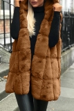 Black Faux Fur Casual Cardigan Hooded Sleeveless Fall Winter Long Vest Outerwear Waistcoat