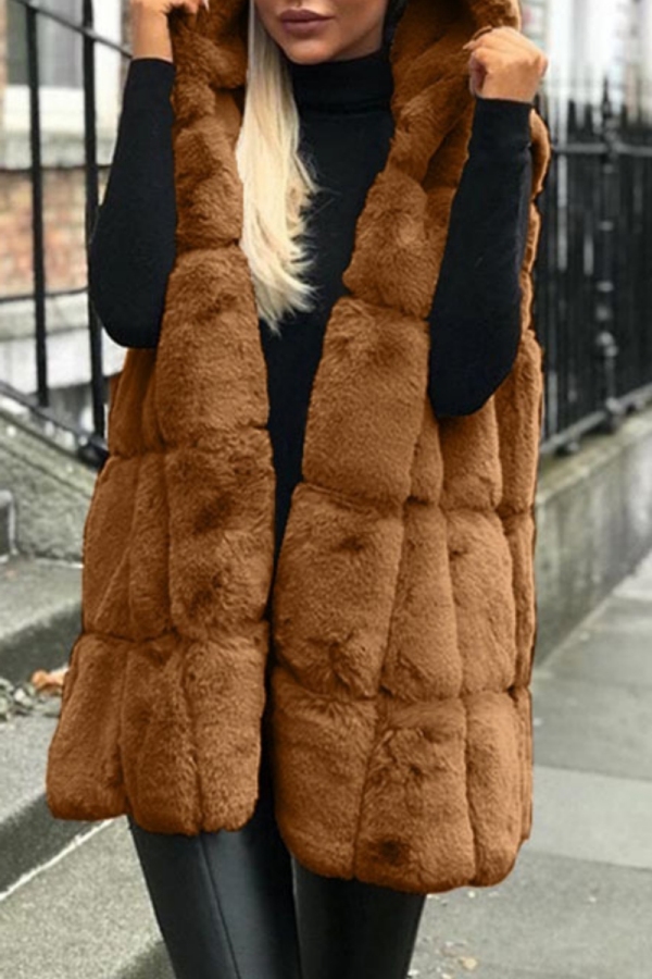 Black Faux Fur Casual Cardigan Hooded Sleeveless Fall Winter Long Vest Outerwear Waistcoat