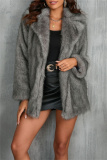White Faux Fur Casual Pocket Cardigan Turndown Collar Long Sleeve Fall Winter Outerwear Coats
