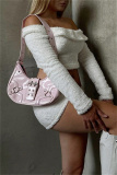 Black Bodycon Casual Party Club Off Shoulder Long Sleeve Crop Tops and Low Waist Mini Skirts Fuzzy Two Pieces Dress Sets