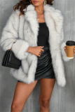 White Faux Fur Casual Pocket Cardigan Turndown Collar Long Sleeve Fall Winter Outerwear Coats