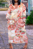 Pink Purple Floral Print V Neck Long Sleeve Ankle Length Straight Loose Maxi Dress with Pocket