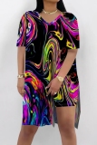 Yellow Casual Abstract Print Slit V Neck Short Sleeve T-shirt and Skinny Shorts Two Pieces Matching Sets