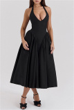 Black Sleeveless Backless Lace Up Pleated Hem Casual Outing Vacation Birthday Party Halter Maxi Dress