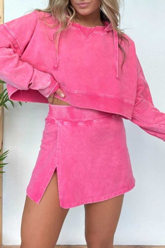 Light Blue Casual Hooded Long Sleeve Sweatshirt and Slit Skirts Two Pieces Dress Sets